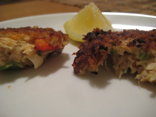 Fresh salmon cake on the left, canned salmon on the right