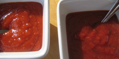Jarred cocktail sauce on the left, homemade on the right