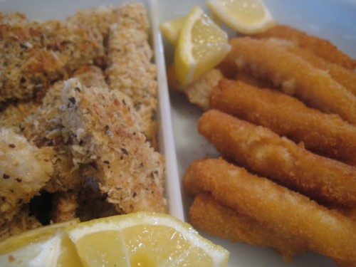 Homemade Tilapia fish sticks on the left, Gorton's breaded fish sticks on the right