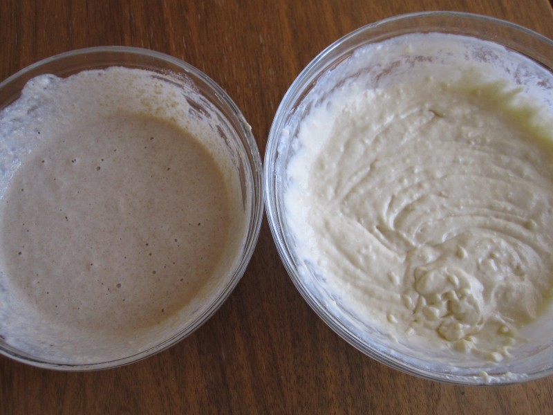 Batter made from a mix on the left, homemade batter on the right