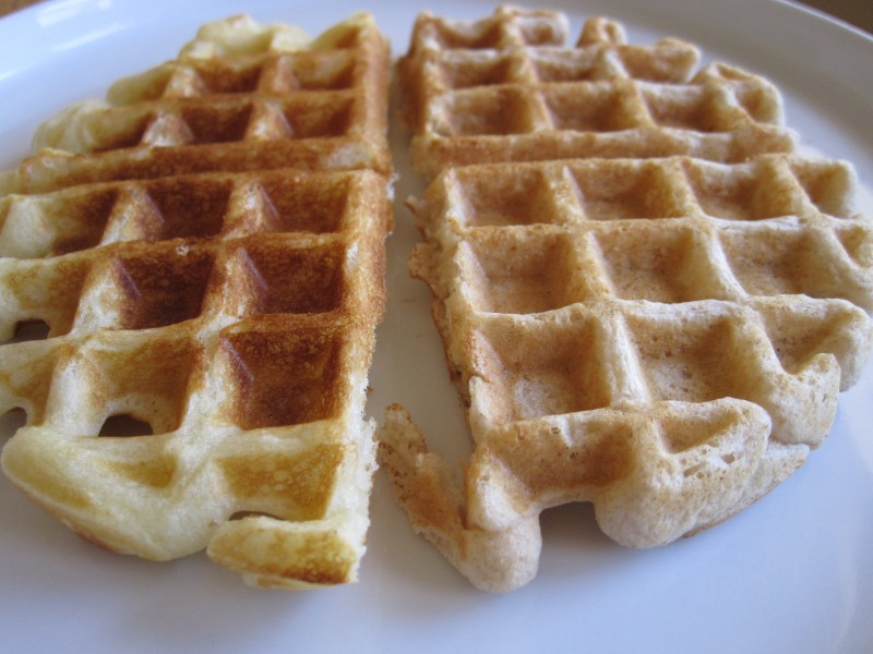 Homemade waffle on the left, waffle from a mix on the right