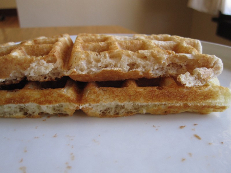 Waffle made from a mix on top, homemade waffle on the bottom