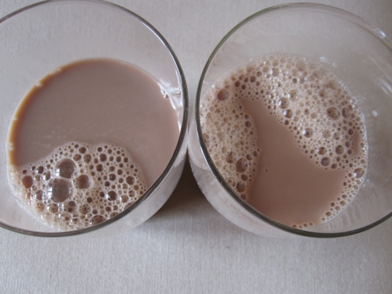 Chocolate milk made with syrups:  Hershey's on the left, Homemade on the right