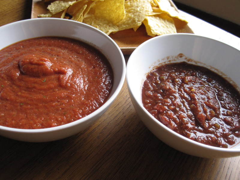 Homemade Chipotle Blender salsa on the left, Archer Farms Chipotle restaurant style salsa on the right
