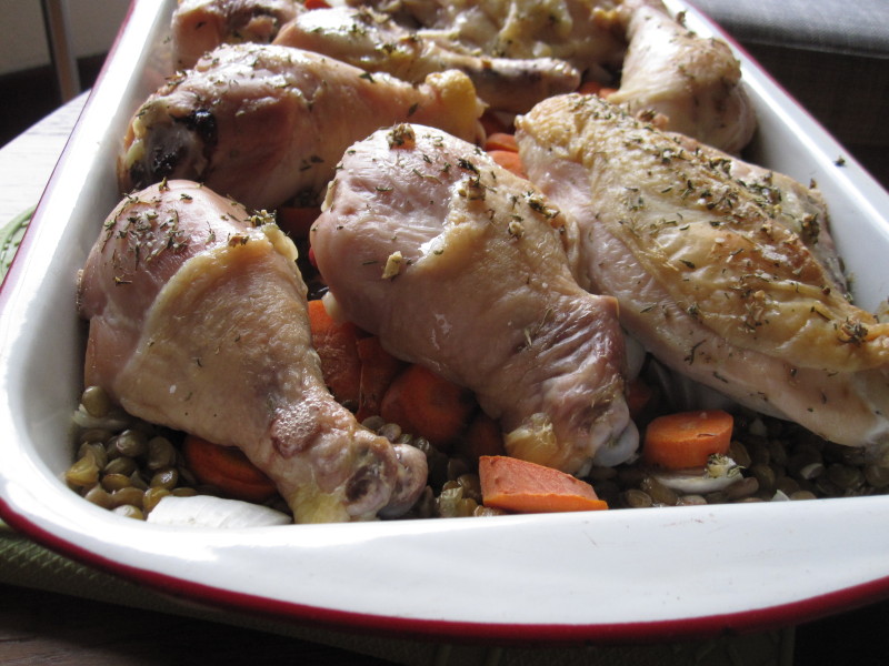 Juniper and Thyme Brined Chicken with Lentils