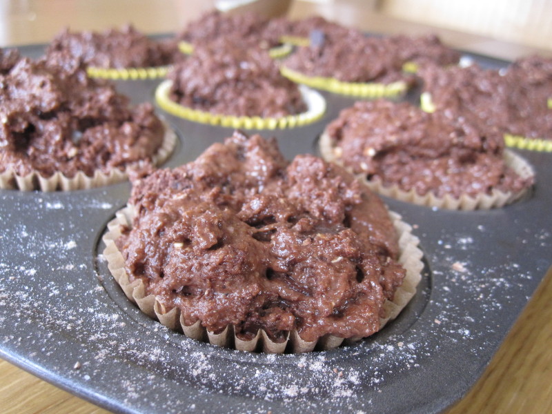Filled muffin cups for Whole-Grain Double Chocolate Muffins